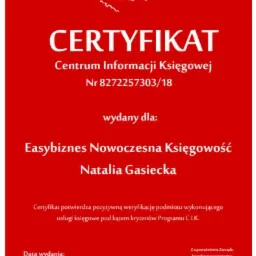 Certyfikat Centrum Informacji Księgowej dla Easybiznes Nowoczesna Księgowość, potwierdzający pozytywną weryfikację usług księgowych, wydany 10.07.2018.