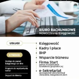Reklama biura rachunkowego: dłonie nad klawiaturą, dokumenty, filiżanka kawy w tle, nowoczesny design i oferta usług.