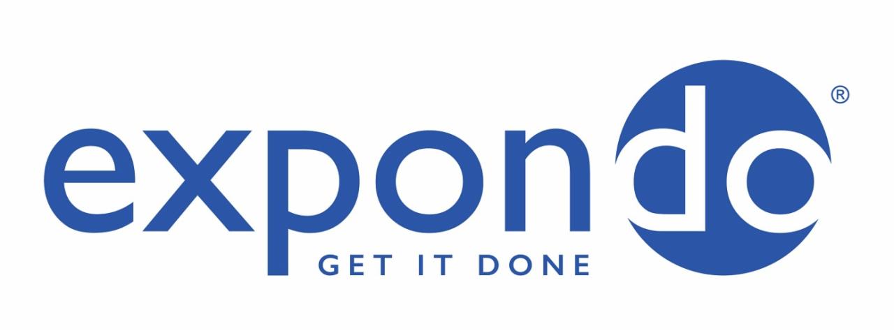 Niebieskie logo firmy expondo z hasłem 'GET IT DONE' na białym tle.
