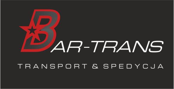 Logo firmy transportowej Bar-Trans z czerwoną literą B z gwiazdą i napisem Transport & Spedycja na szarym tle.