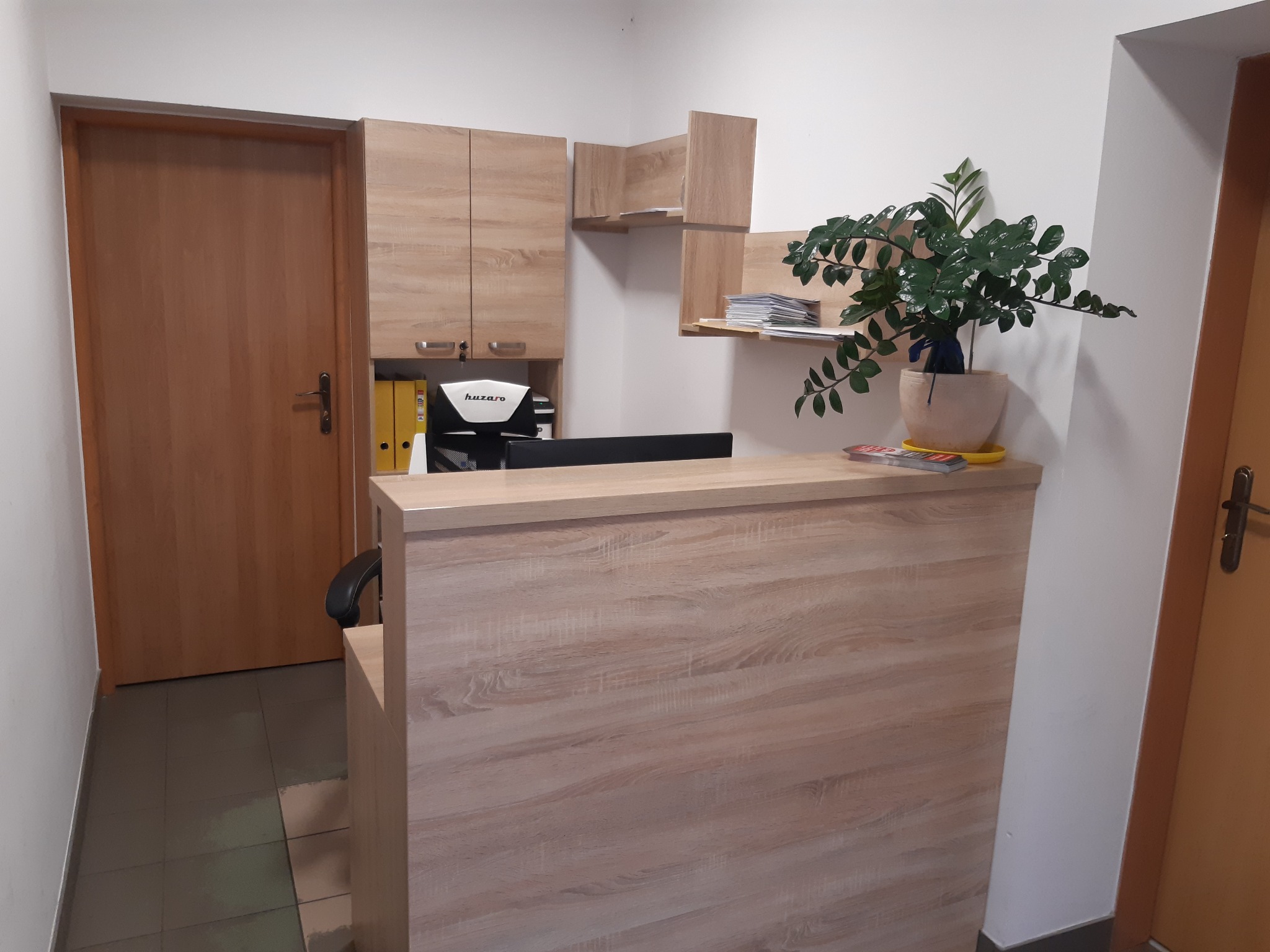 Recepcja w jasnych barwach z drewnopodobnym blatem, roślina doniczkowa na blacie, dokumenty na półce, segregatory w szafce, widoczne drzwi.