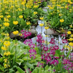 Ogród z potokiem, żółte i purpurowe kwiaty w pełnym rozkwicie, kamienne brzegi potoku, odbicie kwiatów w wodzie.