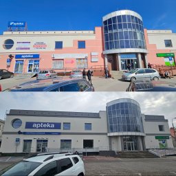 RENDBUD S.C. - Budynek handlowo-usługowy z apteką, Żabką i innymi lokalami, zmodernizowana elewacja w odcieniach różu i bieli, przeszklona wieża, widoczne reklamy i szyldy najemców.