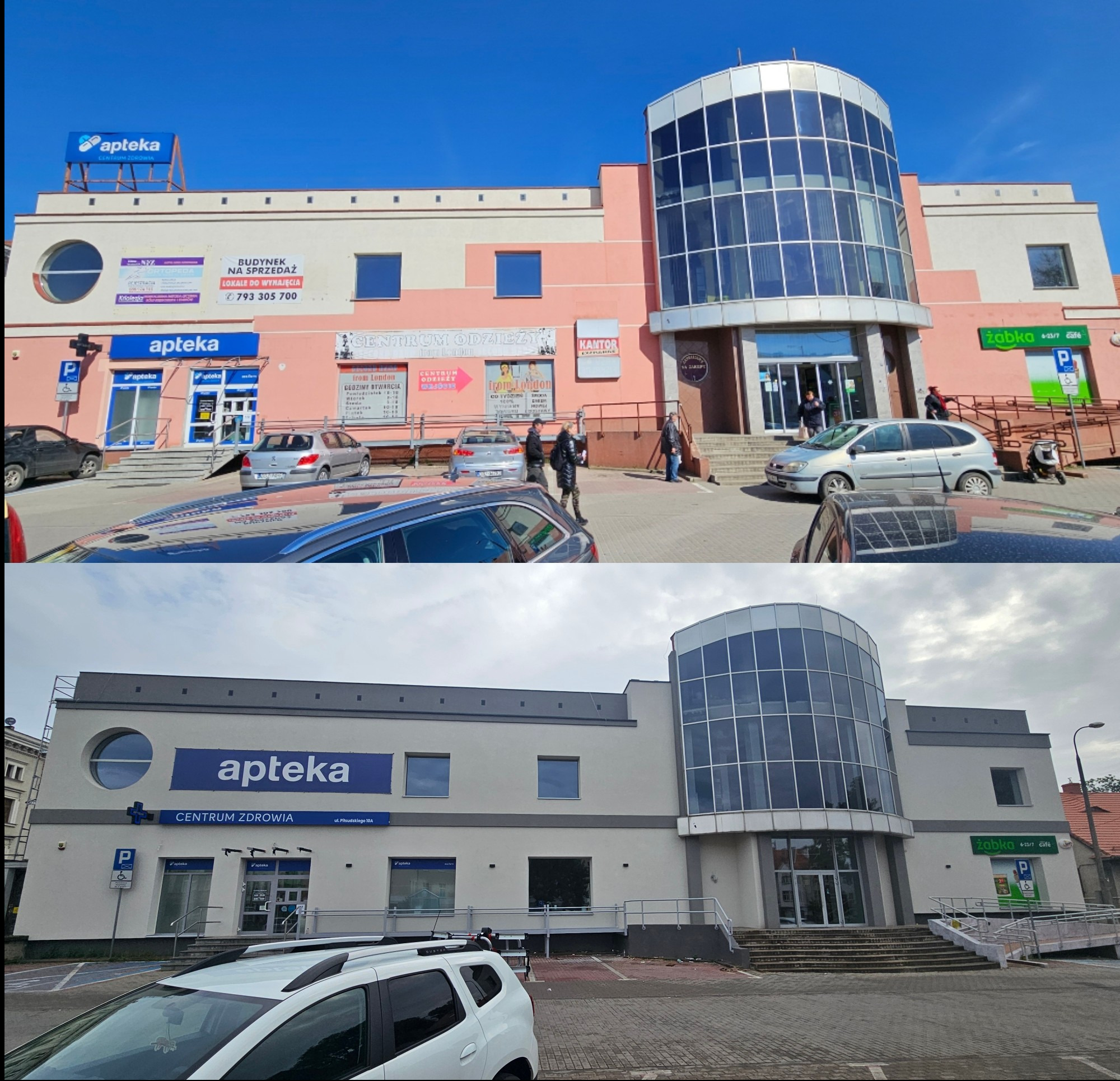 Budynek handlowo-usługowy z apteką, Żabką i innymi lokalami, zmodernizowana elewacja w odcieniach różu i bieli, przeszklona wieża, widoczne reklamy i szyldy najemców.