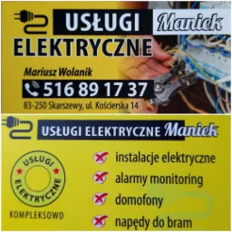 Wizytówka firmy 'Usługi Elektryczne Maniek' z Skarszew, oferującej instalacje elektryczne, alarmy, monitoring i domofony. Na wizytówce widoczne narzędzie do zdejmowania izolacji z przewodów.
