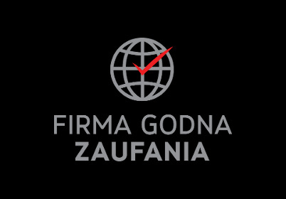 Logo firmy z globusem i czerwonym znakiem akceptacji, napis 'FIRMA GODNA ZAUFANIA' na czarnym tle.