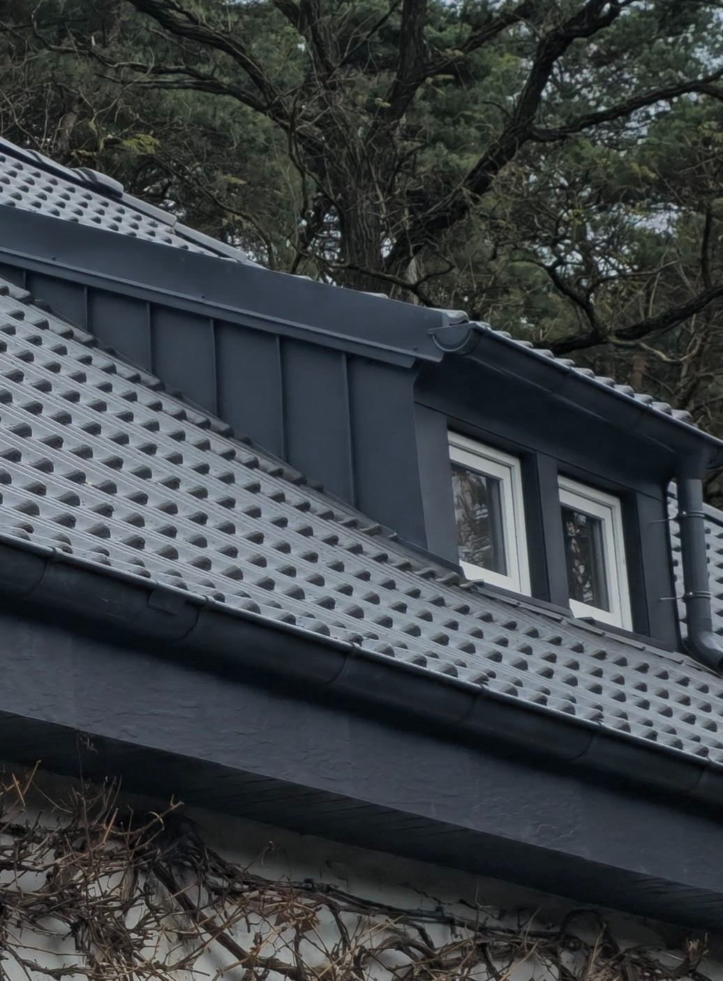 Szary dach z dachówką karpiówką i obróbkami blacharskimi w kolorze antracytu, widoczne okna dachowe i rynny, tło stanowią drzewa bezlistne.