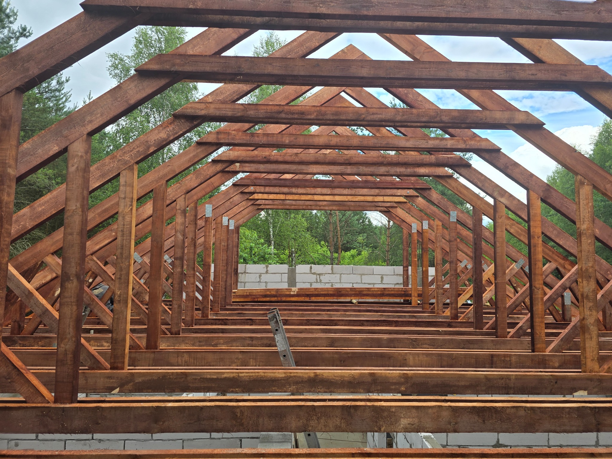 Wnętrze konstrukcji więźby dachowej z brązowego drewna, widok z dołu. W tle zielone drzewa i niebieskie niebo. Widoczne metalowe łączniki i fragment ściany z bloczków.