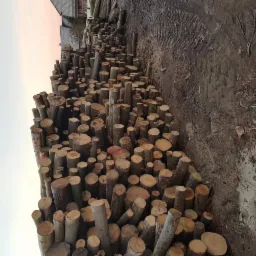 Stos pociętych kloców drewna kominkowego o różnej średnicy, z widocznymi śladami opon na ziemi i fragmentem budynku w tle.