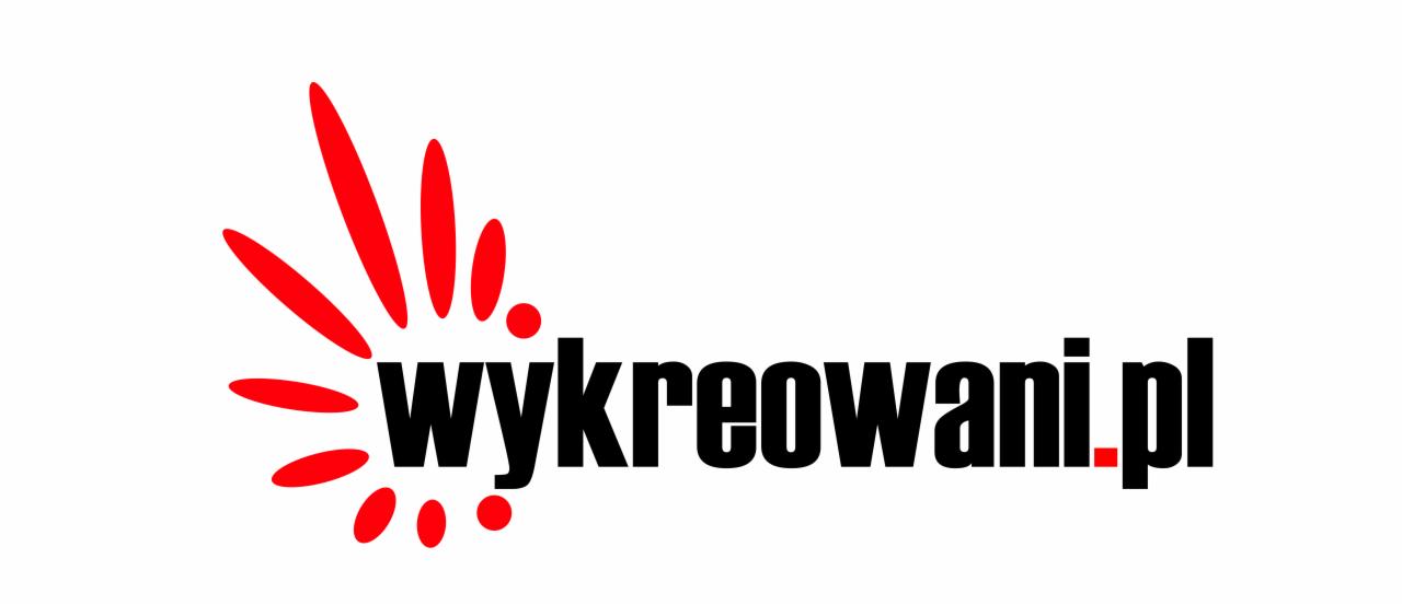 Logo firmy z nazwą 'wykreowani.pl' w kolorze czarnym, z czerwonym akcentem graficznym przypominającym wybuch lub rozbłysk po lewej stronie.