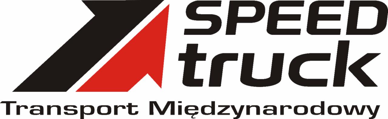 Logo firmy transportowej Speed Truck z czarno-czerwoną strzałką i napisem Transport Międzynarodowy.
