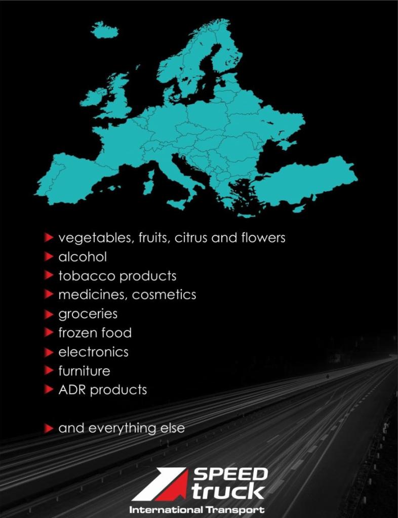 Mapa Europy w kolorze turkusowym nad listą towarów, które firma transportuje, zakończona logiem Speed Truck International Transport na tle autostrady z rozmytymi światłami.