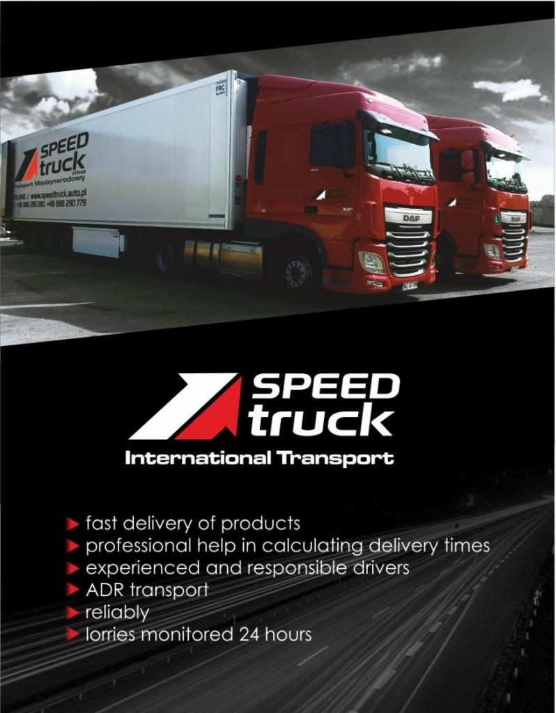 Dwa czerwone ciągniki siodłowe marki DAF z naczepami firmy Speed Truck International Transport na tle szaro-białego nieba. Na dole grafika z logo firmy, hasłami reklamowymi i rozmazanymi światłami...