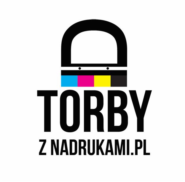 Logo firmy z nazwą 'TORBY Z NADRUKAMI.PL' w czarnej, pogrubionej czcionce, nad którą znajduje się grafika przypominająca uchwyt torby z paskiem w kolorach CMYK.
