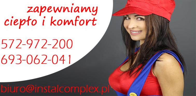 Kobieta w czerwonej czapce i stroju instalatora, uśmiechnięta, z tekstem reklamowym 'zapewniamy ciepło i komfort' oraz numerami telefonów i adresem e-mail firmy instalacyjnej.