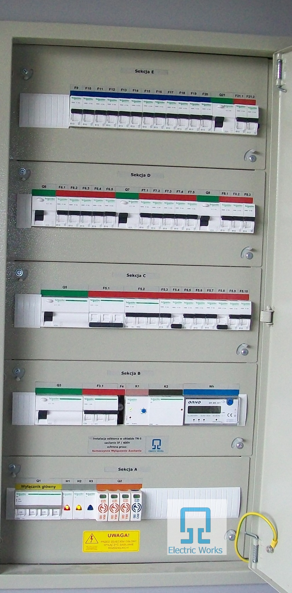 Otwarta skrzynka rozdzielcza z bezpiecznikami, wyłącznikami i licznikiem energii elektrycznej, podzielona na sekcje A-E, z żółto-zielonym przewodem ochronnym po prawej stronie.