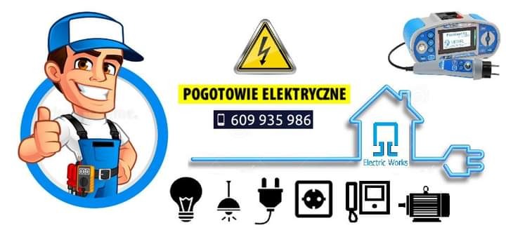 Grafika reklamowa firmy elektrycznej: uśmiechnięty elektryk z miernikiem, ostrzeżenie o napięciu, tester instalacji, numer telefonu, ikony żarówek, gniazdka, wtyczki, domofonu i silnika elektrycznego.