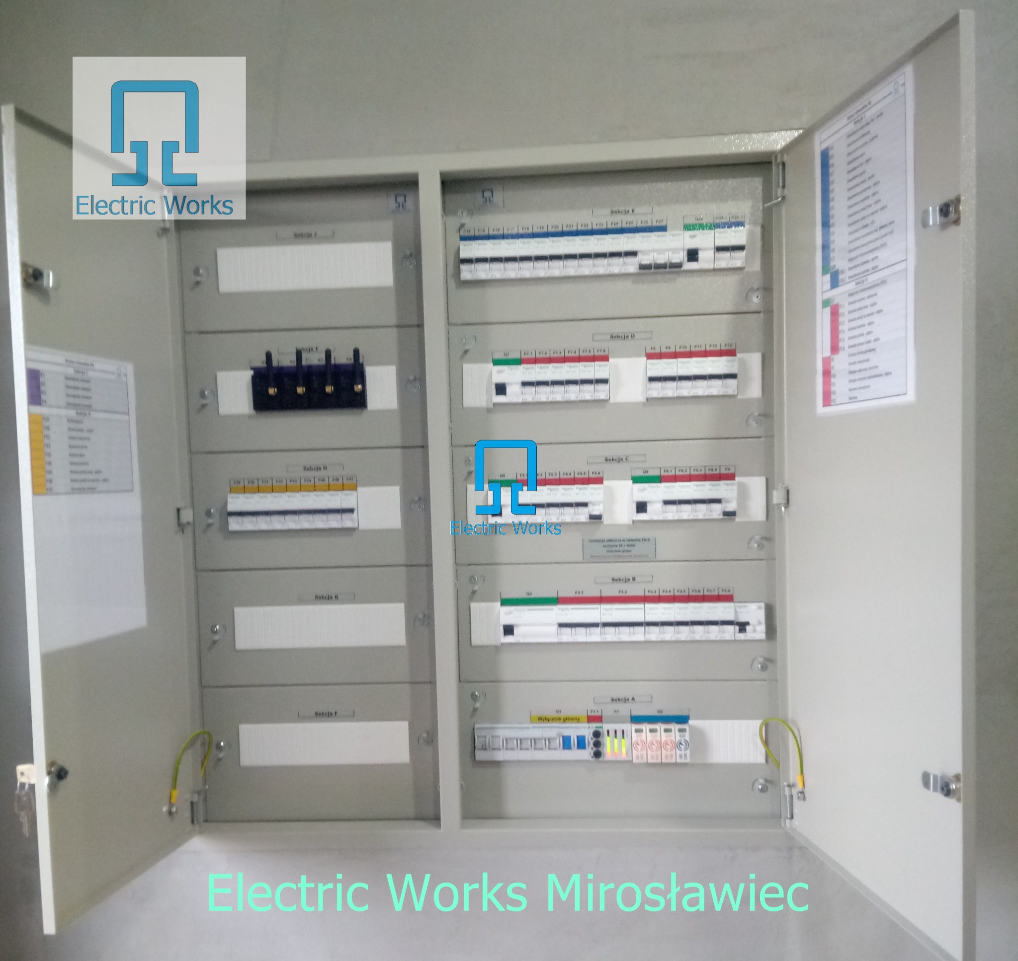 Otwarta skrzynka rozdzielcza z bezpiecznikami i przewodami uziemiającymi, widoczne opisy sekcji i listwy zaciskowe, zamontowana na szarej ścianie.