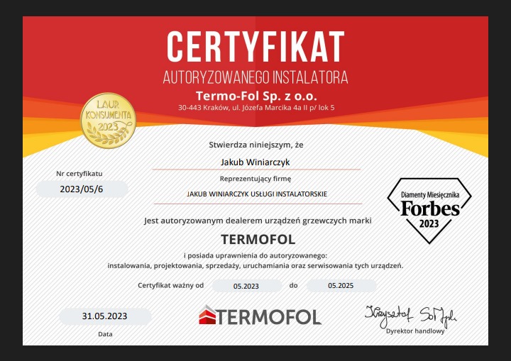 Certyfikat autoryzowanego instalatora firmy Termo-Fol Sp. z o.o. z numerem 2023/05/6, ważny od maja 2023 do maja 2025, z logotypami Laur Konsumenta 2023 i Diamenty Forbes 2023.