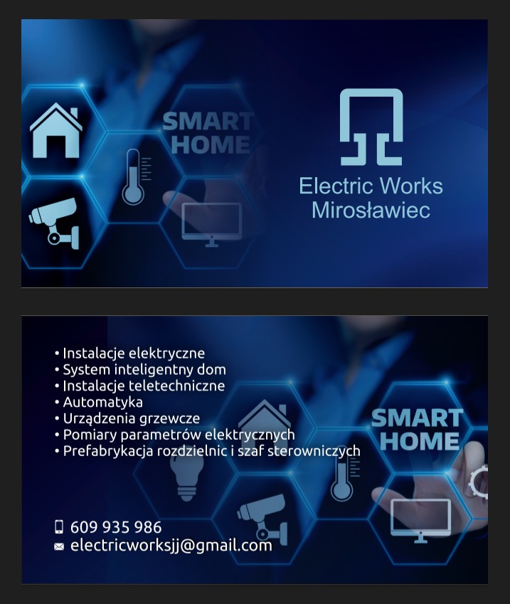 Wizytówka firmy Electric Works Mirosławiec z ofertą instalacji elektrycznych, systemów inteligentnego domu, automatyki, urządzeń grzewczych i pomiarów parametrów, z ikonami domu, termometru, kamery...