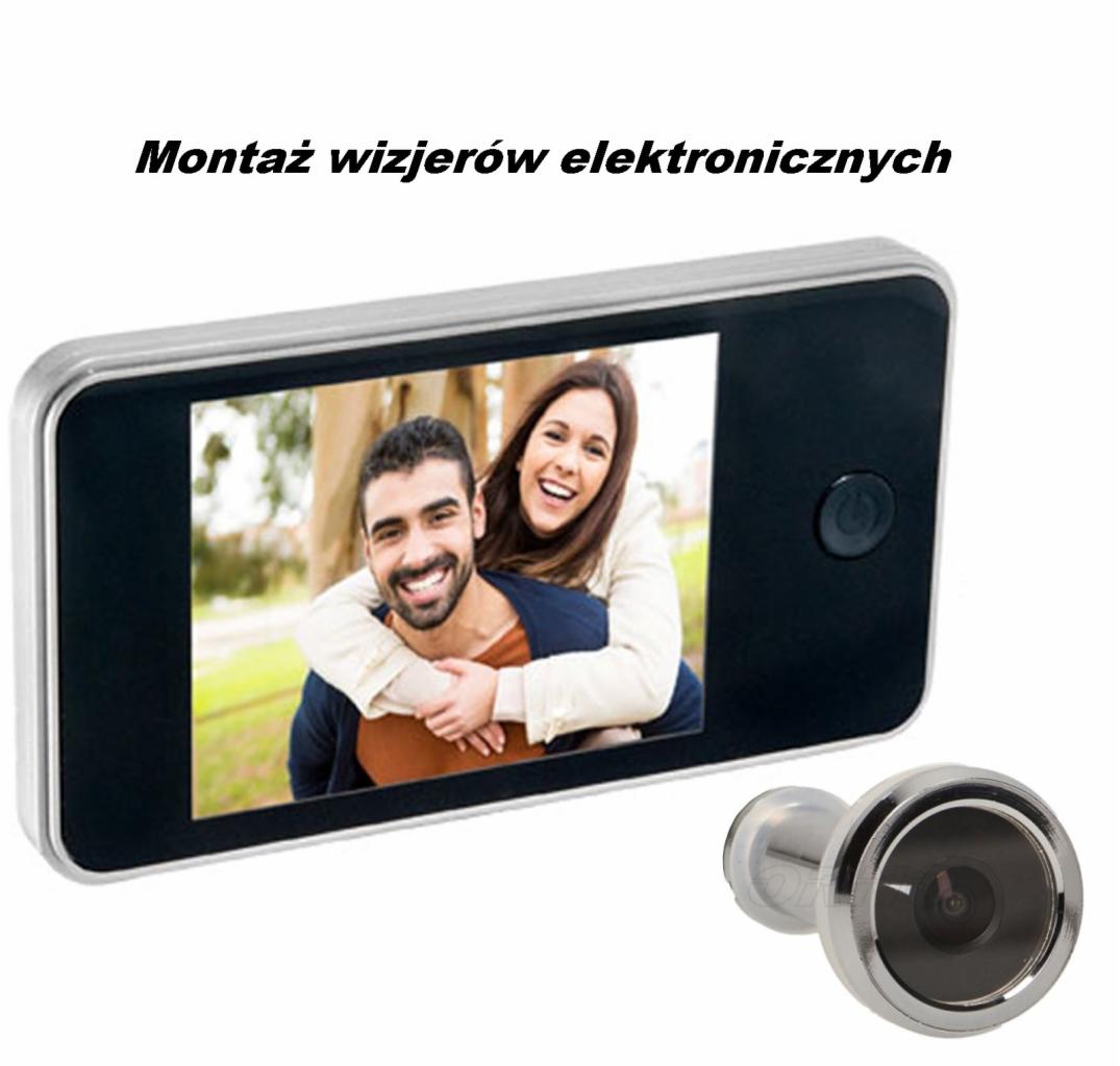 Elektroniczny wizjer do drzwi z ekranem LCD wyświetlającym uśmiechniętą parę, obok tradycyjny wizjer.