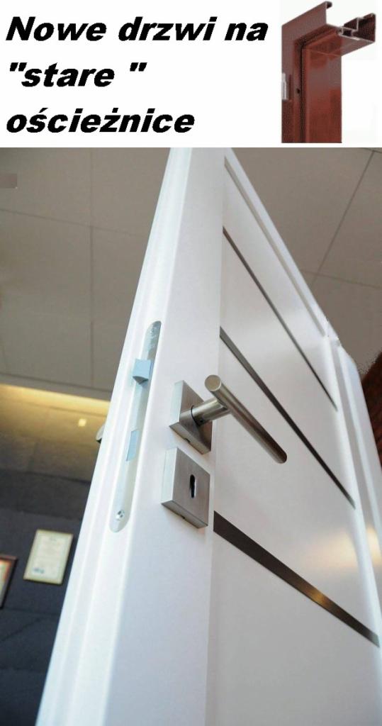 Białe drzwi z poziomymi, ciemnymi wstawkami i srebrną klamką na tle ściany z ramkami, górny róg pokazuje przekrój brązowej ościeżnicy.