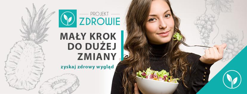 Uśmiechnięta kobieta z miską sałatki i hasłem 'Mały krok do dużej zmiany', promująca zdrowy styl życia.