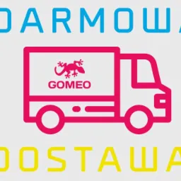 Grafika wektorowa przedstawiająca białą ciężarówkę z różowym obrysem, na której znajduje się logo firmy GOMEO (jaszczurka) oraz napisy 'DARMOWA' (niebieski) i 'DOSTAWA!' (żółty) na szarym tle.