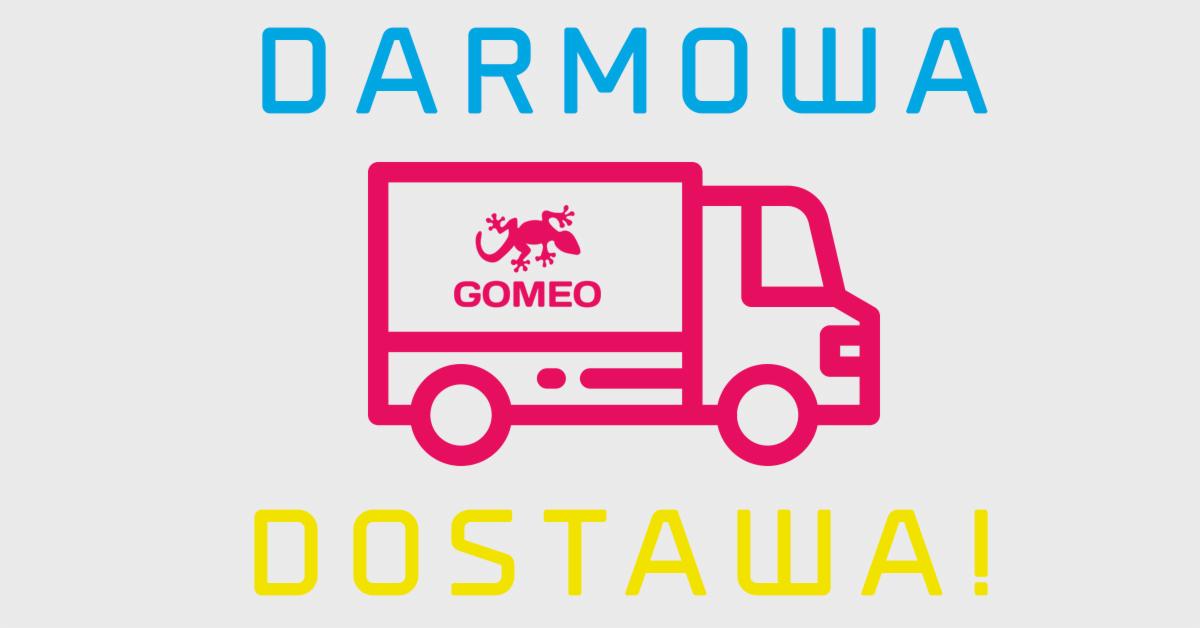 Grafika wektorowa przedstawiająca białą ciężarówkę z różowym obrysem, na której znajduje się logo firmy GOMEO (jaszczurka) oraz napisy 'DARMOWA' (niebieski) i 'DOSTAWA!' (żółty) na szarym tle.