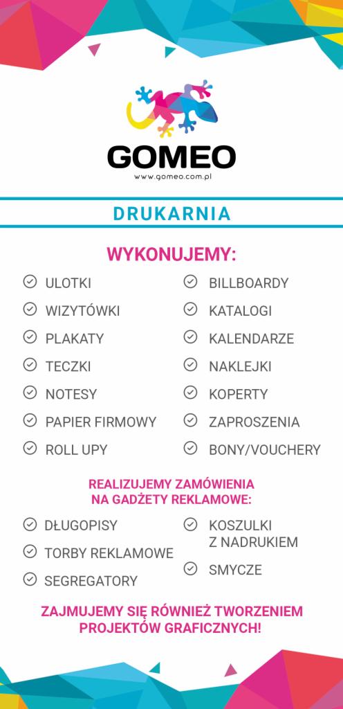 Grafika reklamowa drukarni prezentująca listę oferowanych usług, w tym gadżety reklamowe i projekty graficzne.