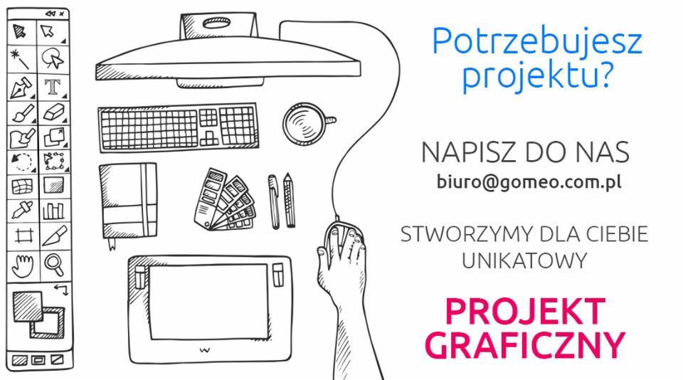 Szkic graficzny przedstawiający narzędzia pracy grafika: tablet graficzny, monitor, klawiatura, paleta kolorów, notatnik, mysz komputerowa oraz tekst 'Potrzebujesz projektu? Napisz do nas...