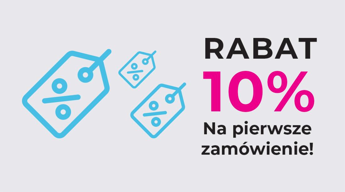 Grafika informująca o 10% rabacie na pierwsze zamówienie, z ikonami etykiet cenowych z symbolem procentu w kolorze niebieskim.