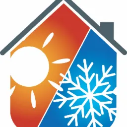 Stylizowany symbol domu podzielony na dwie części: pomarańczowo-czerwona część z białym słońcem symbolizuje ogrzewanie, a niebieska część z białym płatkiem śniegu symbolizuje chłodzenie.