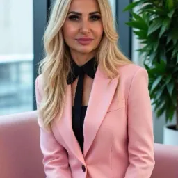 Portret kobiety w różowym garniturze i czarnej koszuli z krawatem, siedzącej na różowej sofie, z rośliną w tle.