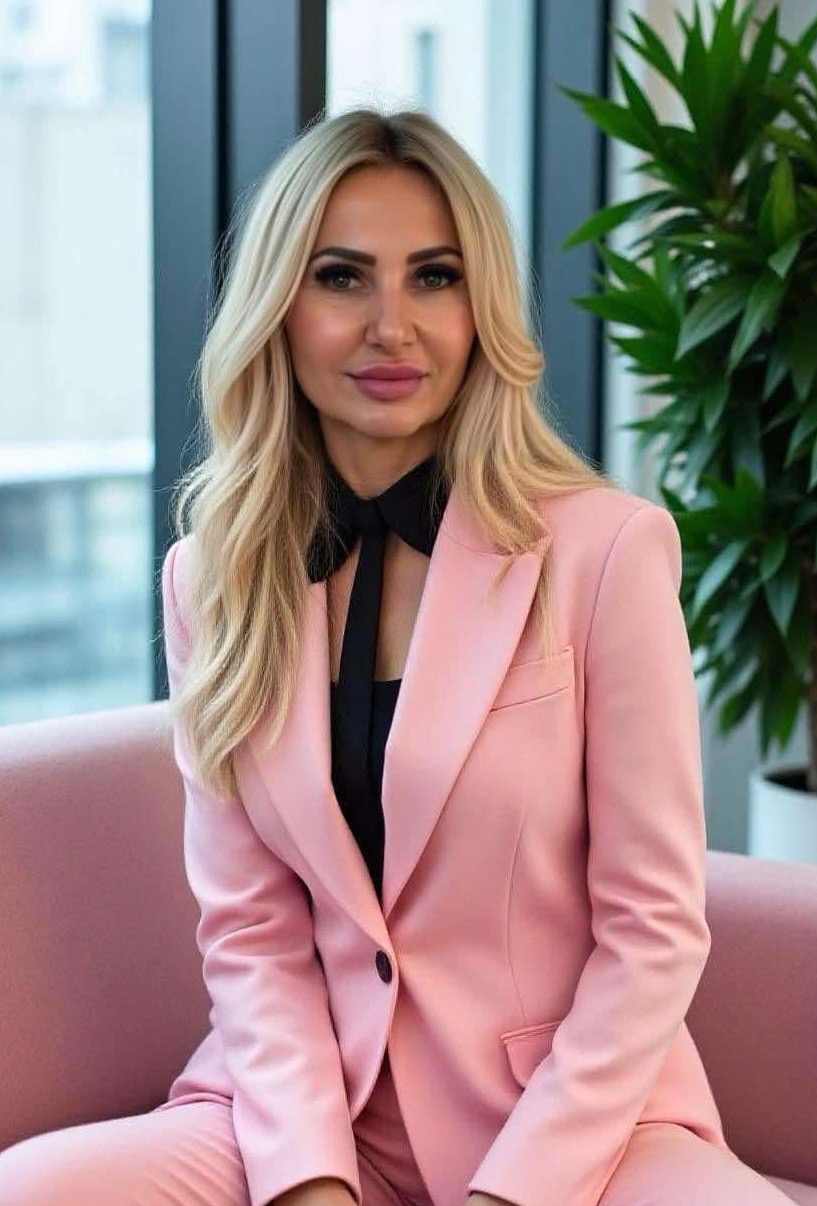 Portret kobiety w różowym garniturze i czarnej koszuli z krawatem, siedzącej na różowej sofie, z rośliną w tle.