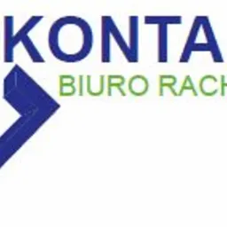 Logo firmy Kontador Biuro Rachunkowe: niebieski kontur rombu z trzema zielonymi słupkami wykresu w środku, nazwa firmy w kolorze niebieskim, pod spodem 'Biuro Rachunkowe' w kolorze zielonym.
