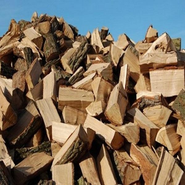 Stos pociętego drewna opałowego z widoczną korą, ułożonego na kupę pod błękitnym niebem.