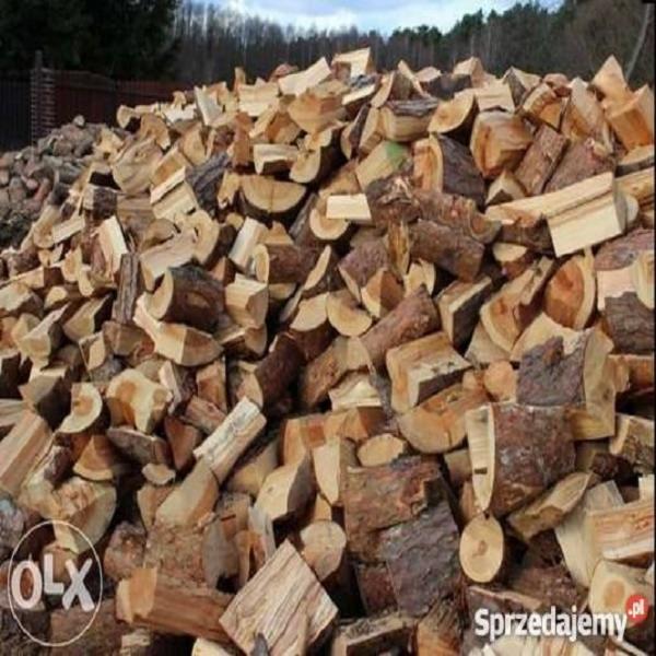 Stos pociętego drewna kominkowego z widocznymi słojami, ułożonego na zewnątrz przy ogrodzeniu w pochmurny dzień.