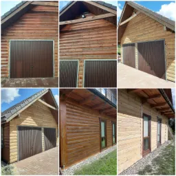 Drewniany budynek z brązowymi bramami garażowymi po renowacji, widoczne różnice w kolorze drewna przed i po zabiegu, ślady po czyszczeniu elewacji.