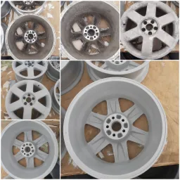 Kola samochodowe przed i po obróbce: zardzewiałe felgi aluminiowe zestawione z felgami po odnowieniu, pokrytymi szarą farbą proszkową.