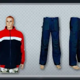 Prezentacja odzieży roboczej: dwie bluzy na manekinach oraz trzy pary spodni roboczych w kolorach granatowym i czarnym, na szarym tle.