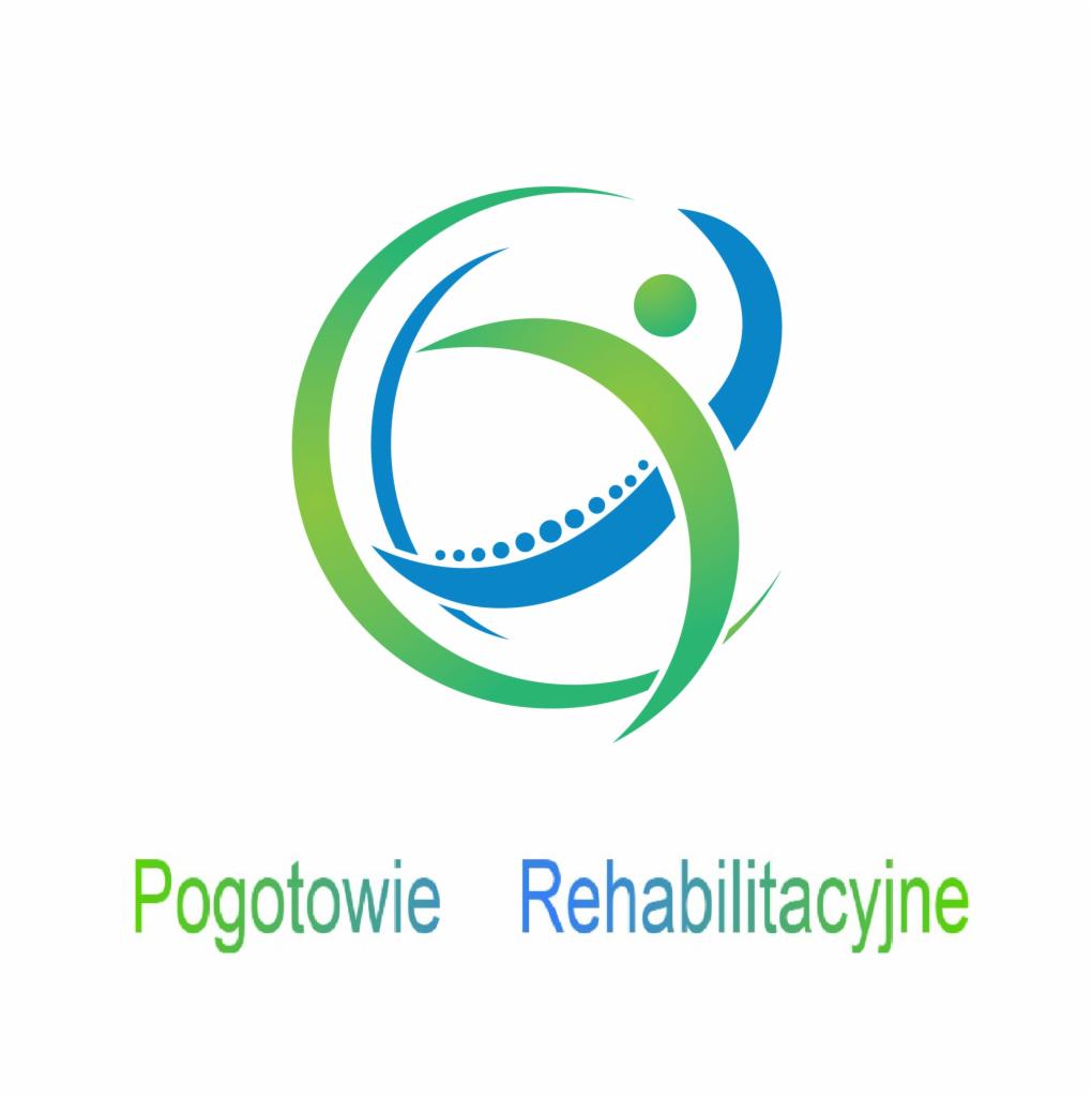 Logo firmy Pogotowie Rehabilitacyjne: Stylizowana sylwetka człowieka w ruchu, otoczona zielono-niebieskimi elementami graficznymi.