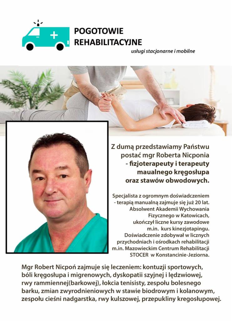 Grafika reklamowa: logo Pogotowie Rehabilitacyjne z ambulansem, portret mgr Roberta Nicponia i terapeuta manualny pracujący z pacjentem na leżance.
