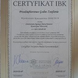 Certyfikat Instytutu Badań Konsumenckich Przedsiębiorstwo Godne Zaufania 2018/2019