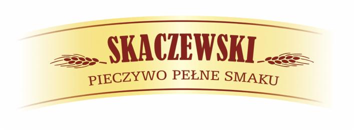 Logo firmy Skaczewski, z napisem 'Pieczywo pełne smaku' i stylizowanymi kłosami zboża na beżowym tle.