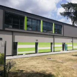 Szary budynek z poziomymi pasami w kolorze zieleni i bieli na elewacji, widoczne okna z ciemnymi ramami i otoczenie z elementami zieleni.