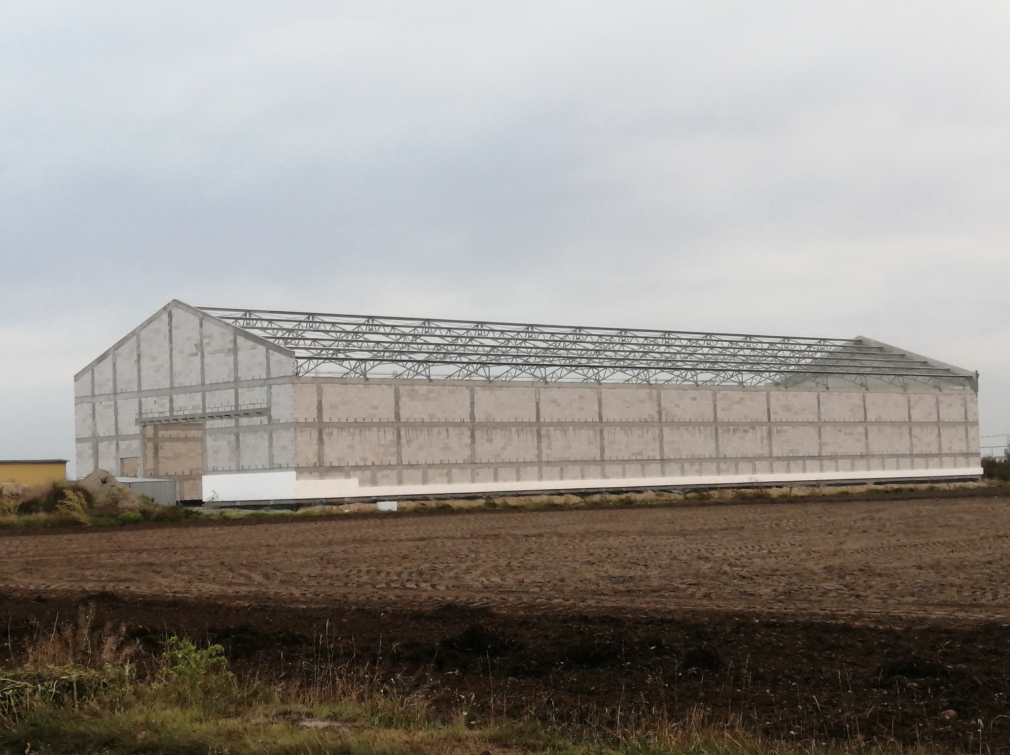 Wznoszona hala z betonu komórkowego i stalową konstrukcją dachu, widoczna na tle zaoranego pola i pochmurnego nieba. Budowa w toku, bez wykończenia ścian.