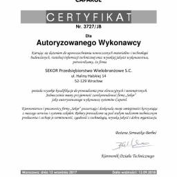 Certyfikat Autoryzowanego Wykonawcy CAPAROL 2018 dla firmy SEKOR Przedsiębiorstwo Wielobranżowe s.c.