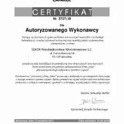 Certyfikat Autoryzowanego Wykonawcy CAPAROL 2018 dla firmy SEKOR Przedsiębiorstwo Wielobranżowe s.c.