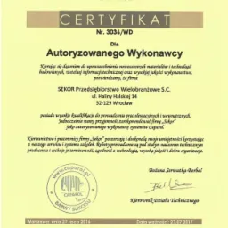 Certyfikat Autoryzowanego Wykonawcy CAPAROL dla firmy SEKOR Przedsiębiorstwo Wielobranżowe s.c.